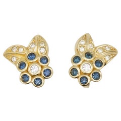 Christian Dior Vintage 1980s Blue Gold Sapphire Flower Leaf Crystals Earrings