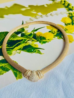 Christian Dior Vintage 1980s Button Whole Crystals Omega Snake Mesh Necklace