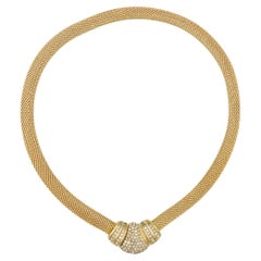 Christian Dior Vintage 1980s Button Whole Crystals Omega Snake Mesh Necklace
