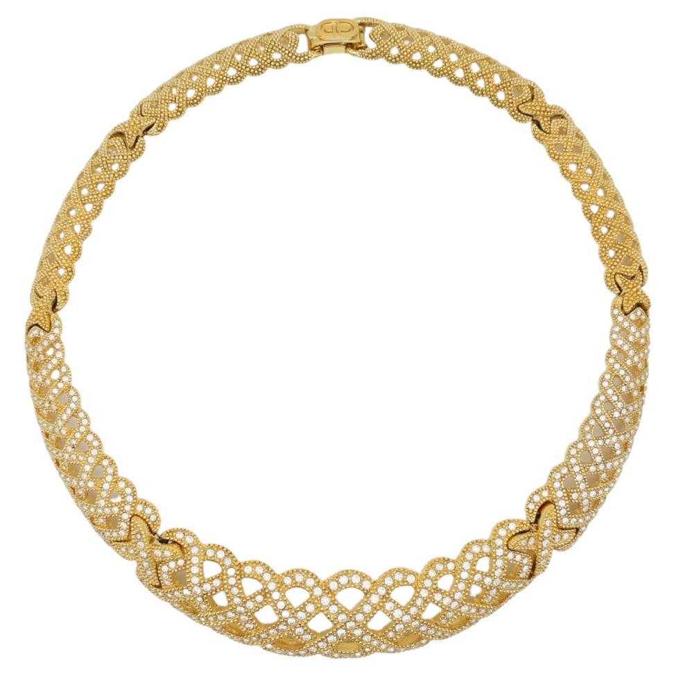 Christian Dior Vintage 1980s Byzantine Braid Crystals Tennis Openwork Necklace