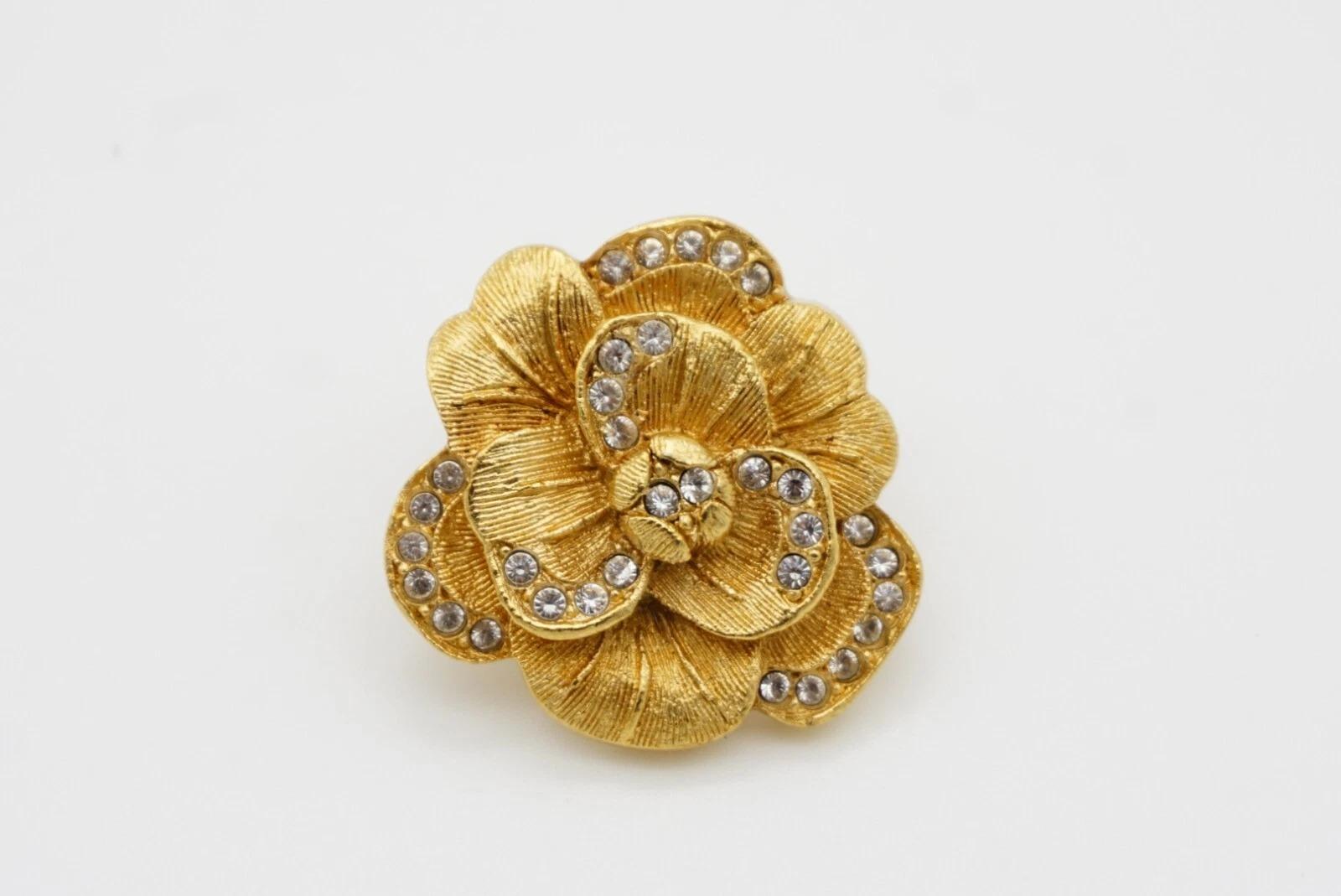Christian Dior Vintage 1980s Camellia Crystal Layer Rose Gold Flower Pin Brooch For Sale 13