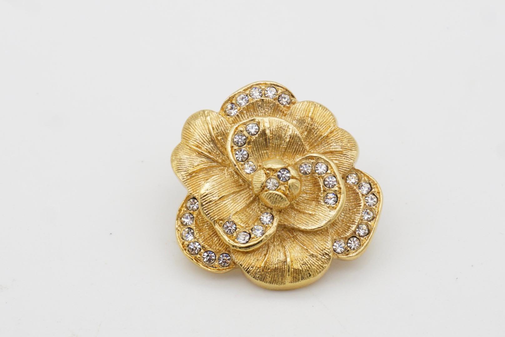 Christian Dior Vintage 1980s Camellia Crystal Layer Rose Gold Flower Pin Brooch 4