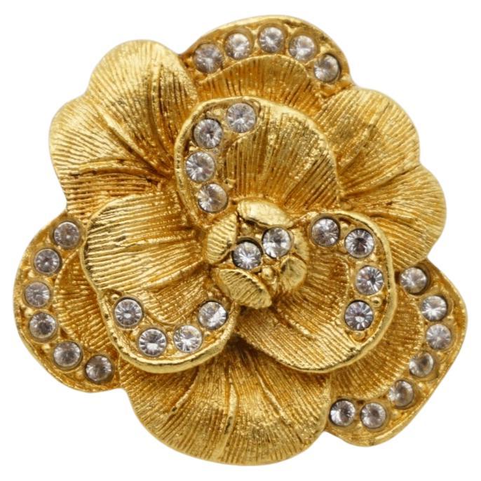 Christian Dior Vintage 1980s Camellia Crystal Layer Rose Gold Flower Pin Brooch For Sale