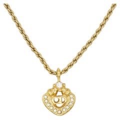 Christian Dior Vintage 1980s CD Logo Monogram Crystals Openwork Pendant Necklace