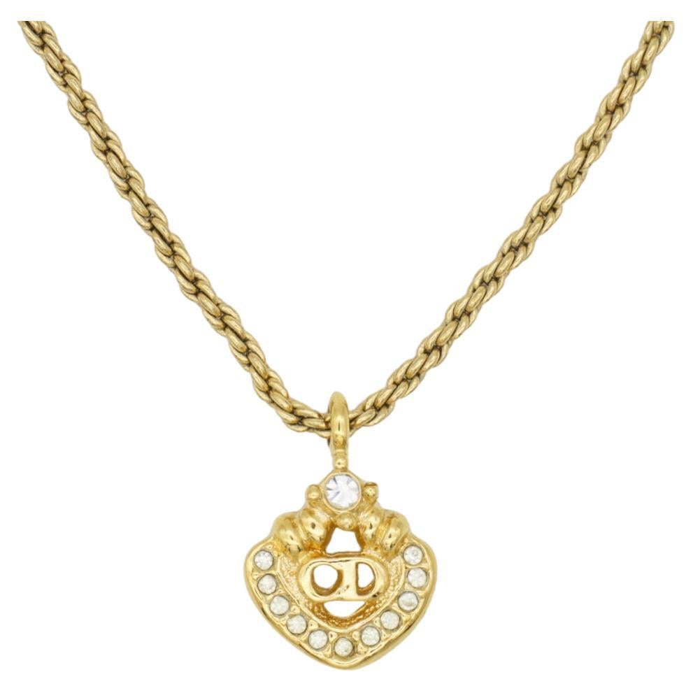 Christian Dior Vintage 1980s CD Logo Monogram Crystals Openwork Pendant Necklace For Sale