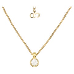 Christian Dior Vintage 1980s Circle Round White Clear Crystal Pendant Necklace