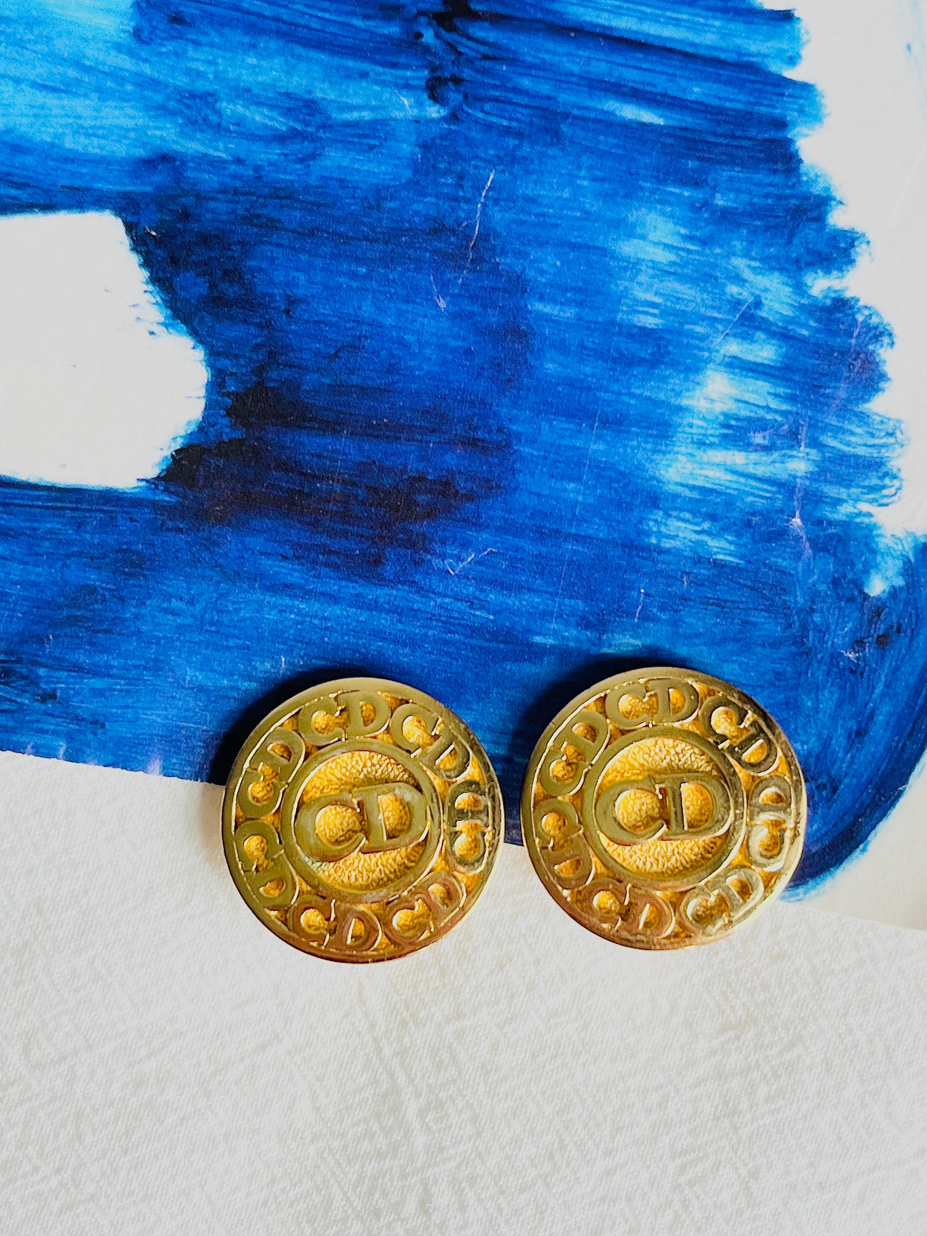 Art Deco Christian Dior Vintage 1980s Classic Logo CD Button Round Circle Clip Earrings For Sale