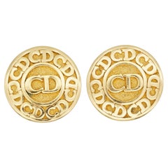 Christian Dior Vintage 1980s Classic Logo CD Button Round Circle Clip Earrings