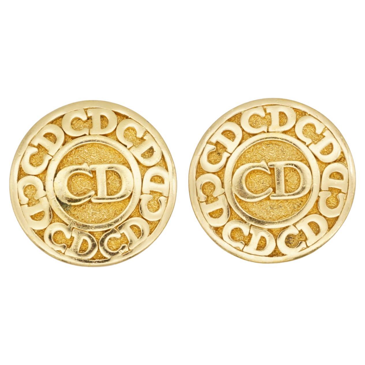 Christian Dior Vintage 1980s Classic Logo CD Button Round Circle Clip Earrings For Sale