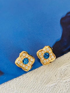 Christian Dior Vintage 1980s Clover Leaf Sapphire Flower Crystals Clip Earrings