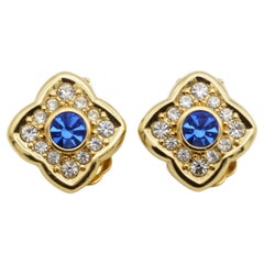 Christian Dior Vintage 1980s Clover Leaf Sapphire Flower Crystals Clip Earrings