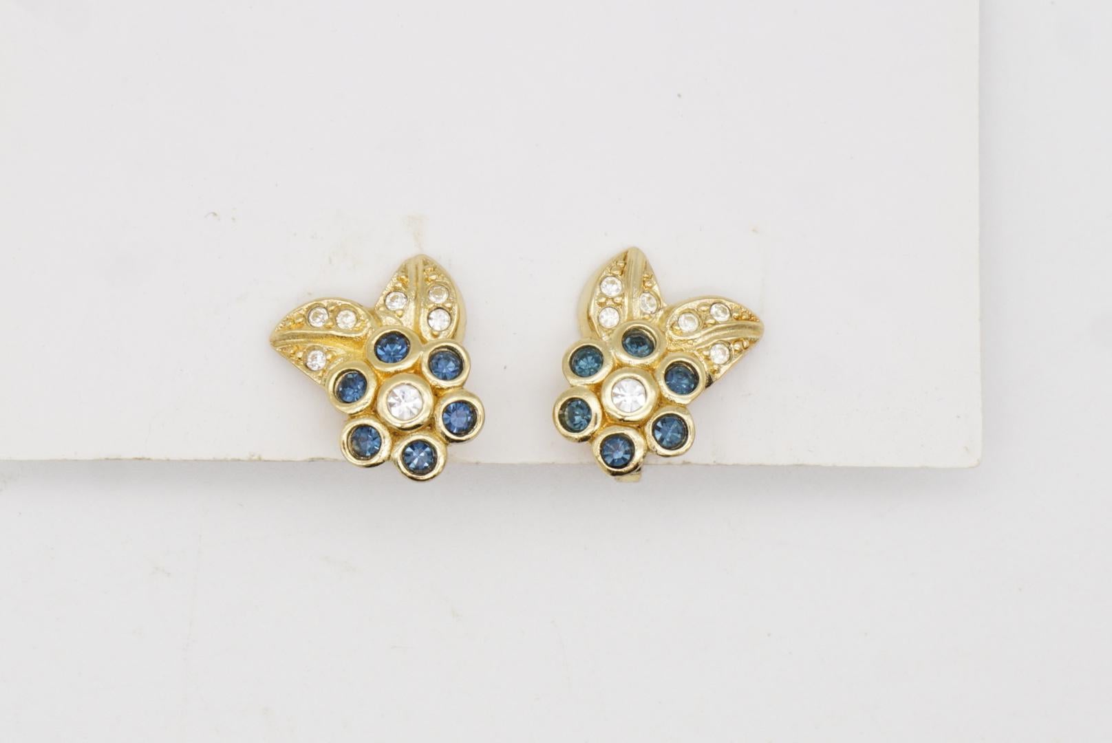 Christian Dior Vintage 1980s Cluster Sapphire Flower Leaf Crystal Clip Earrings For Sale 5