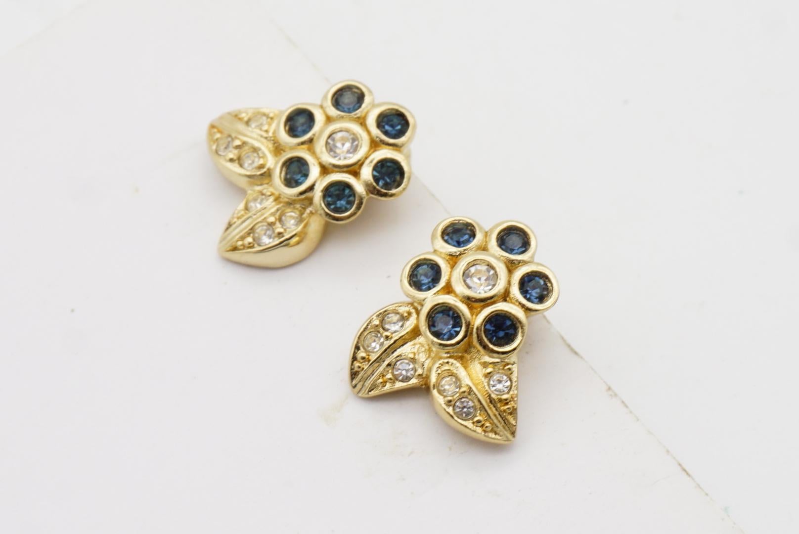 Christian Dior Vintage 1980s Cluster Sapphire Flower Leaf Crystal Clip Earrings For Sale 6