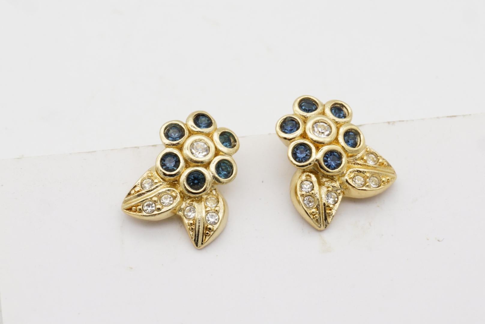Christian Dior Vintage 1980s Cluster Sapphire Flower Leaf Crystal Clip Earrings For Sale 6