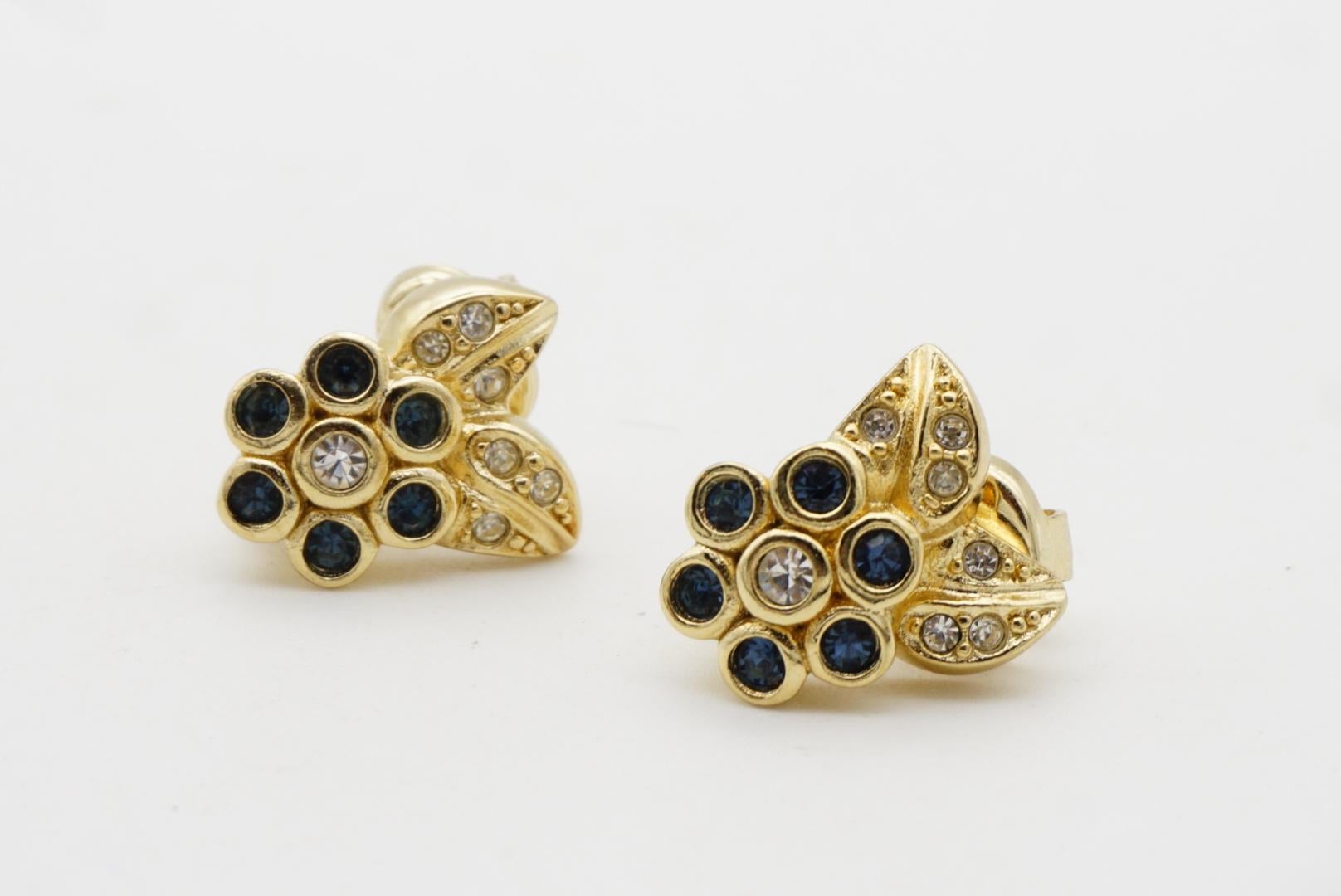 Christian Dior Vintage 1980s Cluster Sapphire Flower Leaf Crystal Clip Earrings For Sale 8