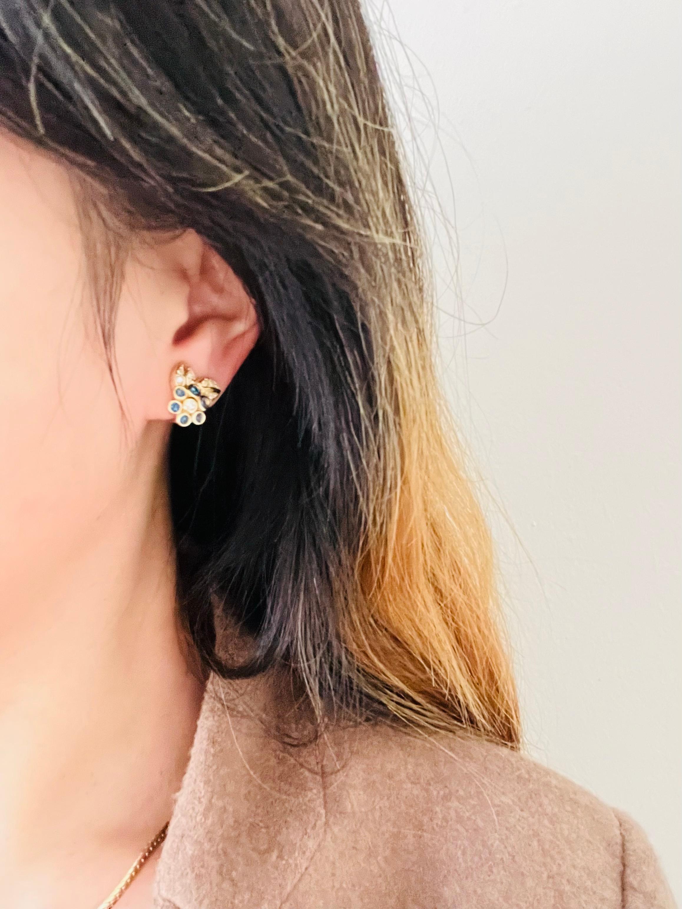 Christian Dior Vintage 1980s Cluster Sapphire Flower Leaf Crystal Clip Earrings For Sale 1