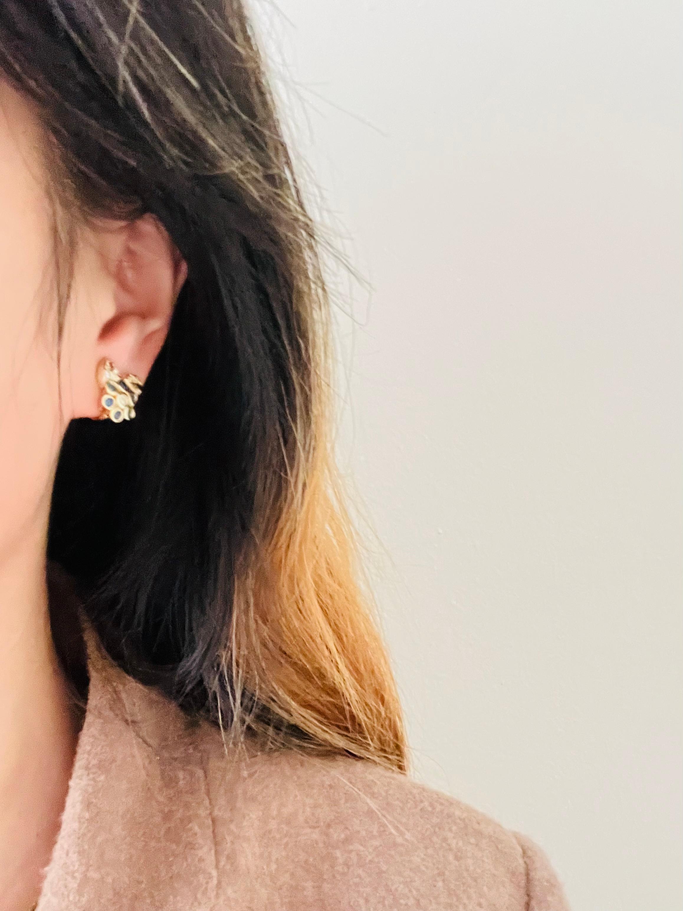 Christian Dior Vintage 1980s Cluster Sapphire Flower Leaf Crystal Clip Earrings For Sale 2