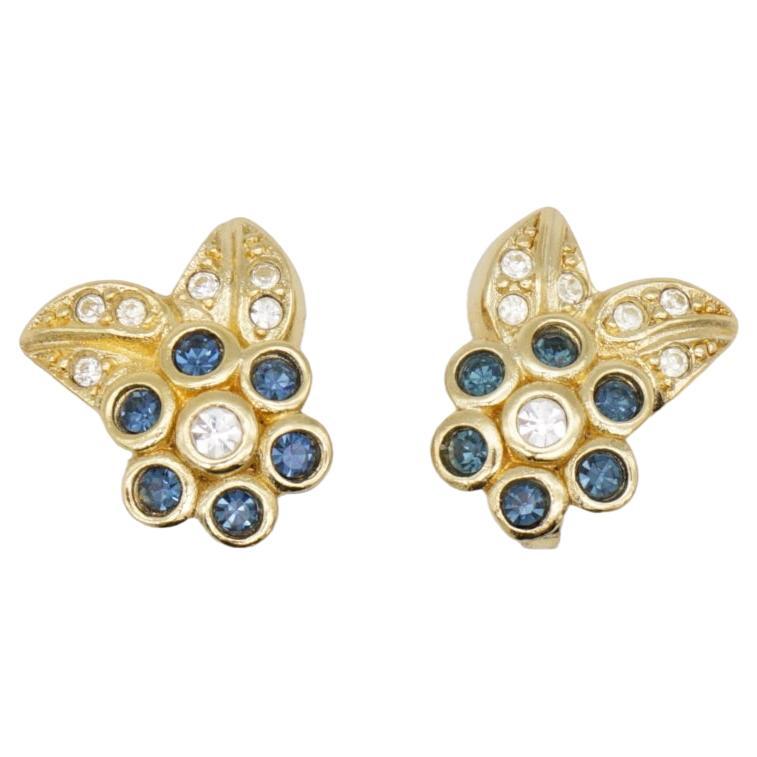 Christian Dior Vintage 1980s Cluster Sapphire Flower Leaf Crystal Clip Earrings For Sale