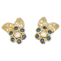 Christian Dior Retro 1980s Cluster Sapphire Flower Leaf Crystal Clip Earrings