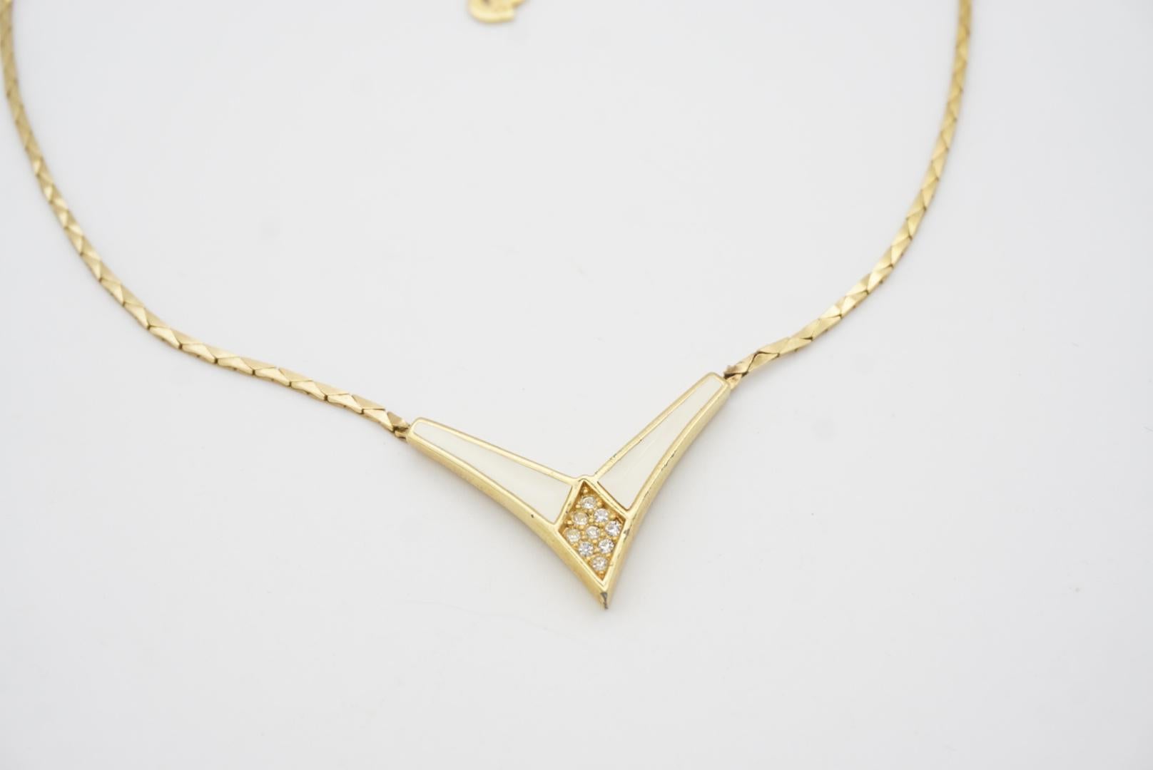 Christian Dior Vintage 1980s Cream Enamel Triangle Crystals Gold Chain Necklace For Sale 5
