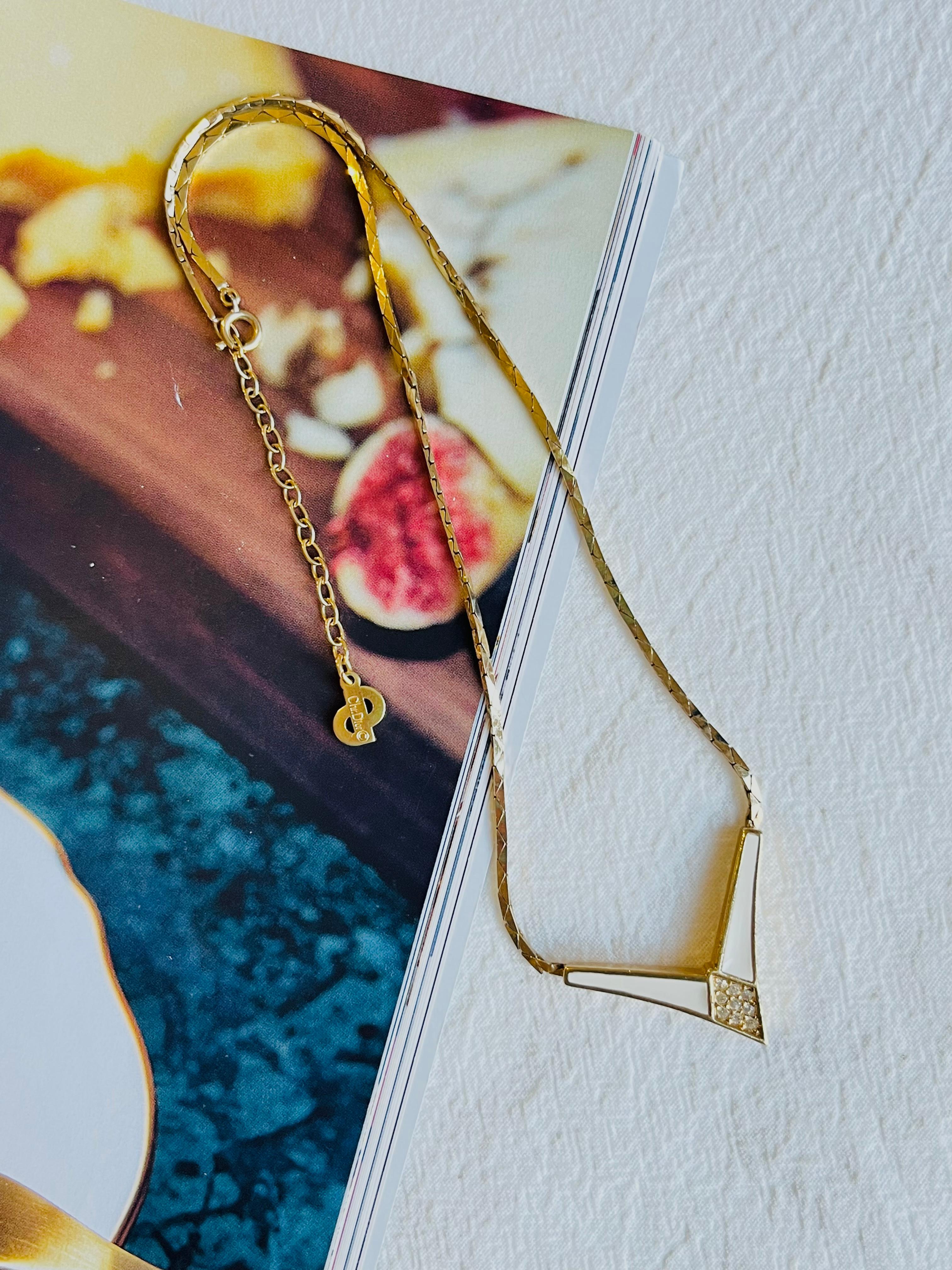 Art Deco Christian Dior Vintage 1980s Cream Enamel Triangle Crystals Gold Chain Necklace For Sale