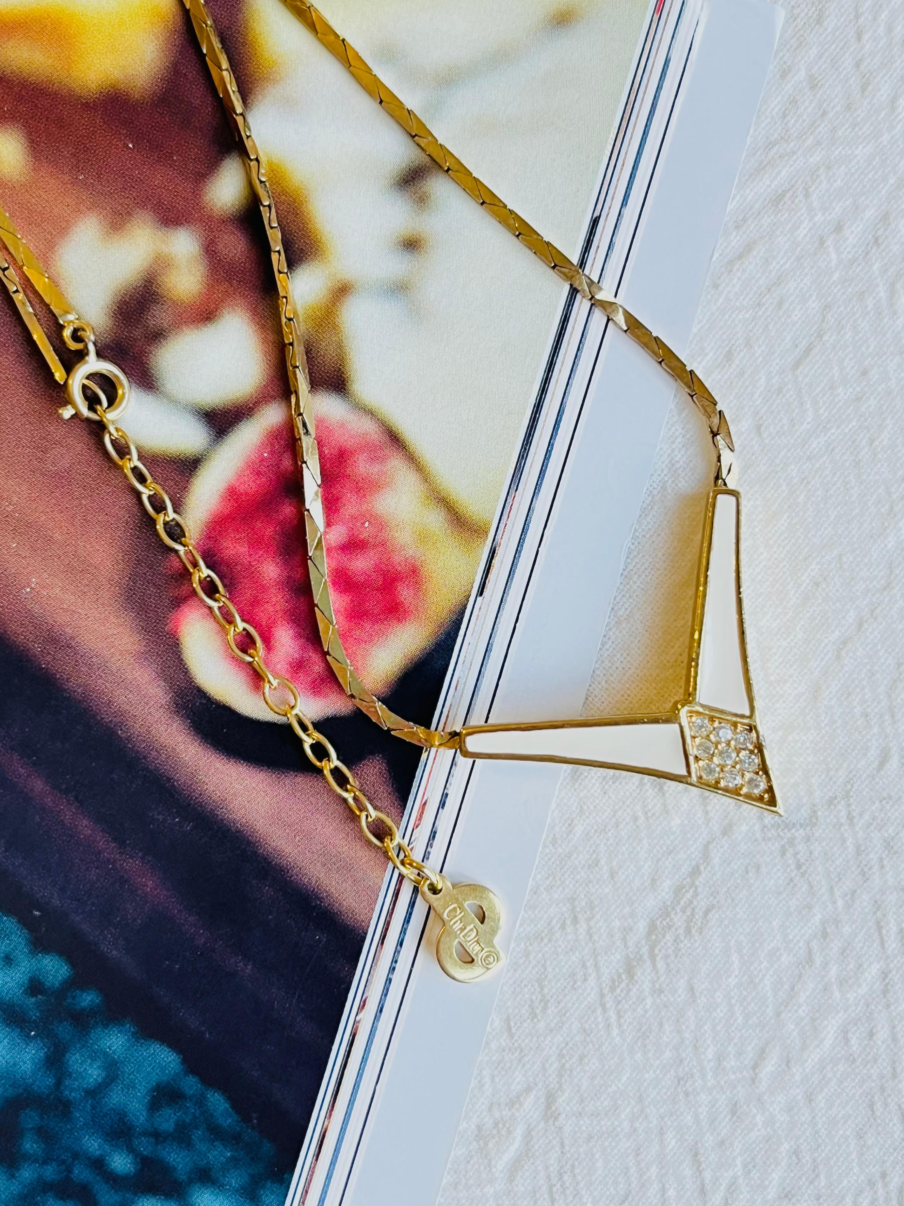 Christian Dior Vintage 1980s Cream Enamel Triangle Crystals Gold Chain Necklace In Excellent Condition For Sale In Wokingham, England