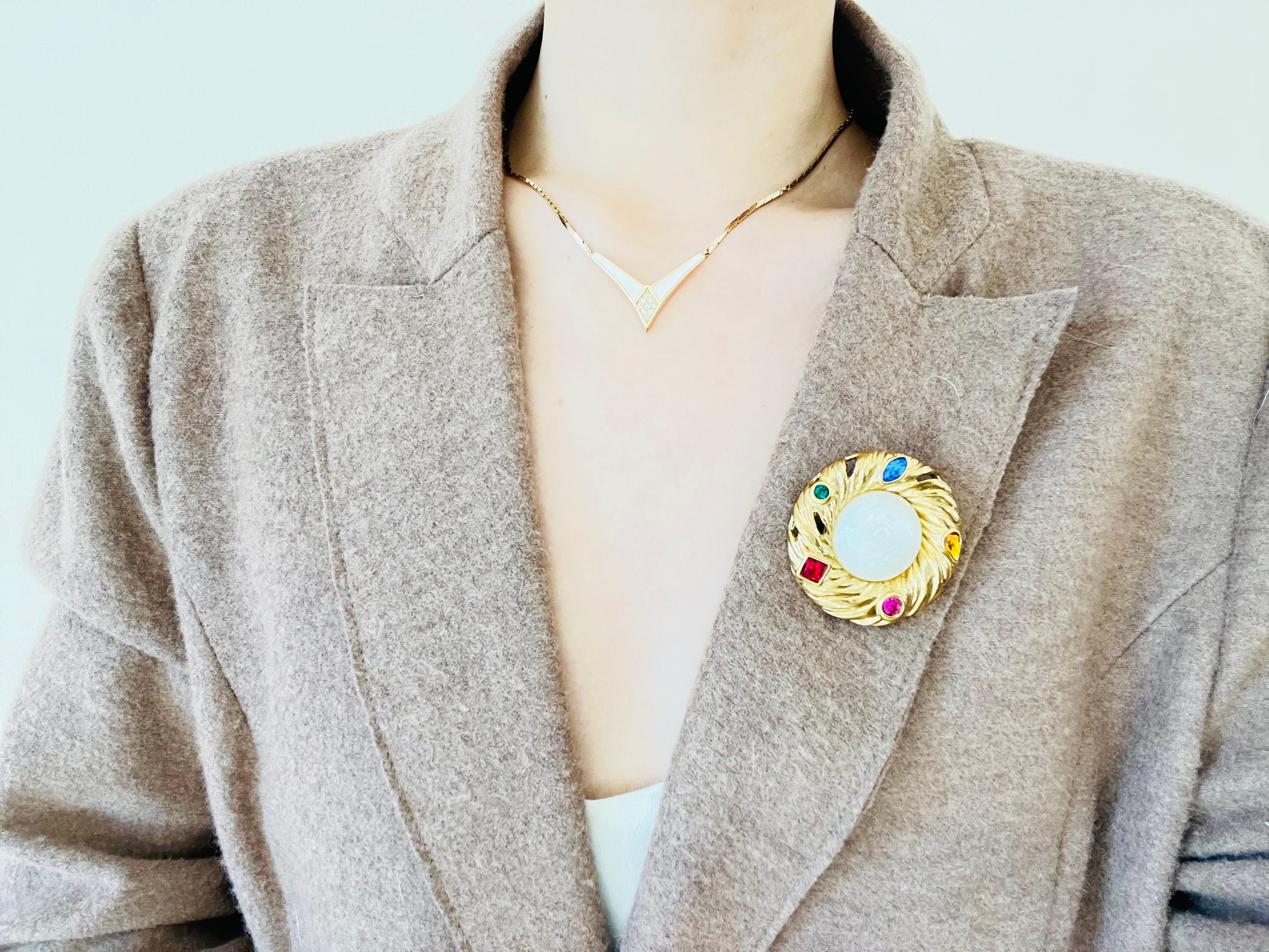 Women's or Men's Christian Dior Vintage 1980s Cream Enamel Triangle Crystals Gold Chain Necklace For Sale
