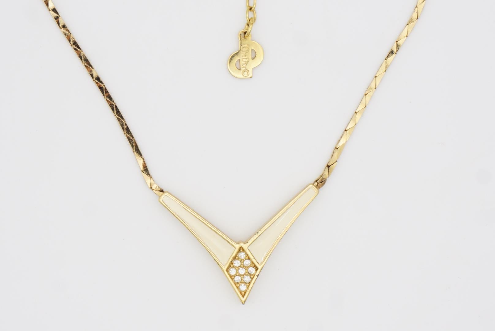 Christian Dior Vintage 1980s Cream Enamel Triangle Crystals Gold Chain Necklace For Sale 2