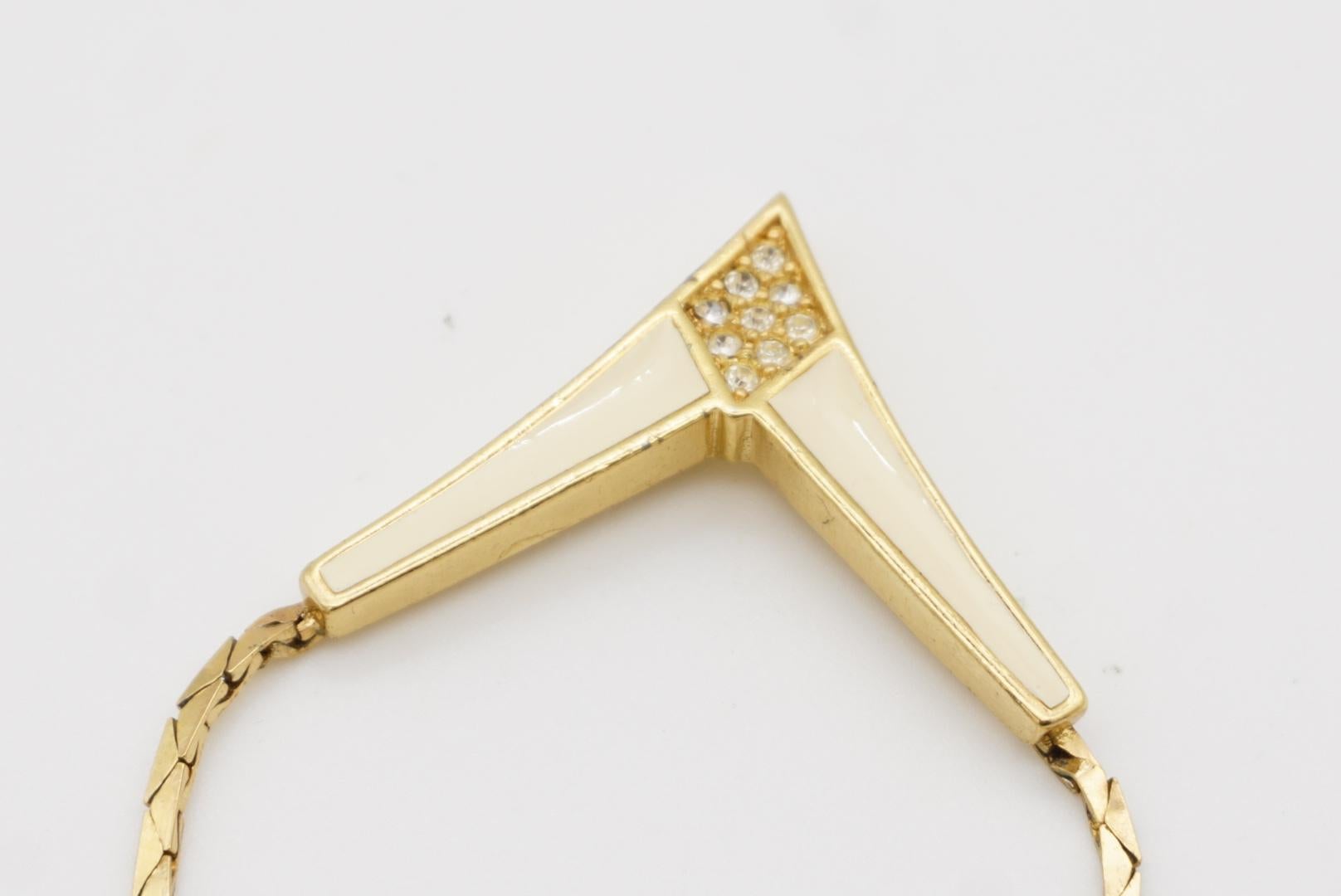 Christian Dior Vintage 1980s Cream Enamel Triangle Crystals Gold Chain Necklace For Sale 4