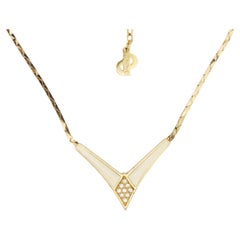 Christian Dior Vintage 1980s Cream Enamel Triangle Crystals Gold Chain Necklace