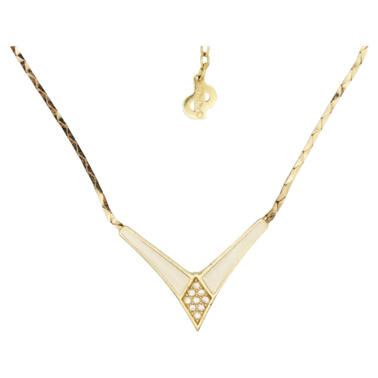 Christian Dior Vintage 1980s Cream Enamel Triangle Crystals Gold Chain Necklace