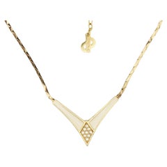 Christian Dior Vintage 1980s Cream Enamel Triangle Crystals Gold Chain Necklace