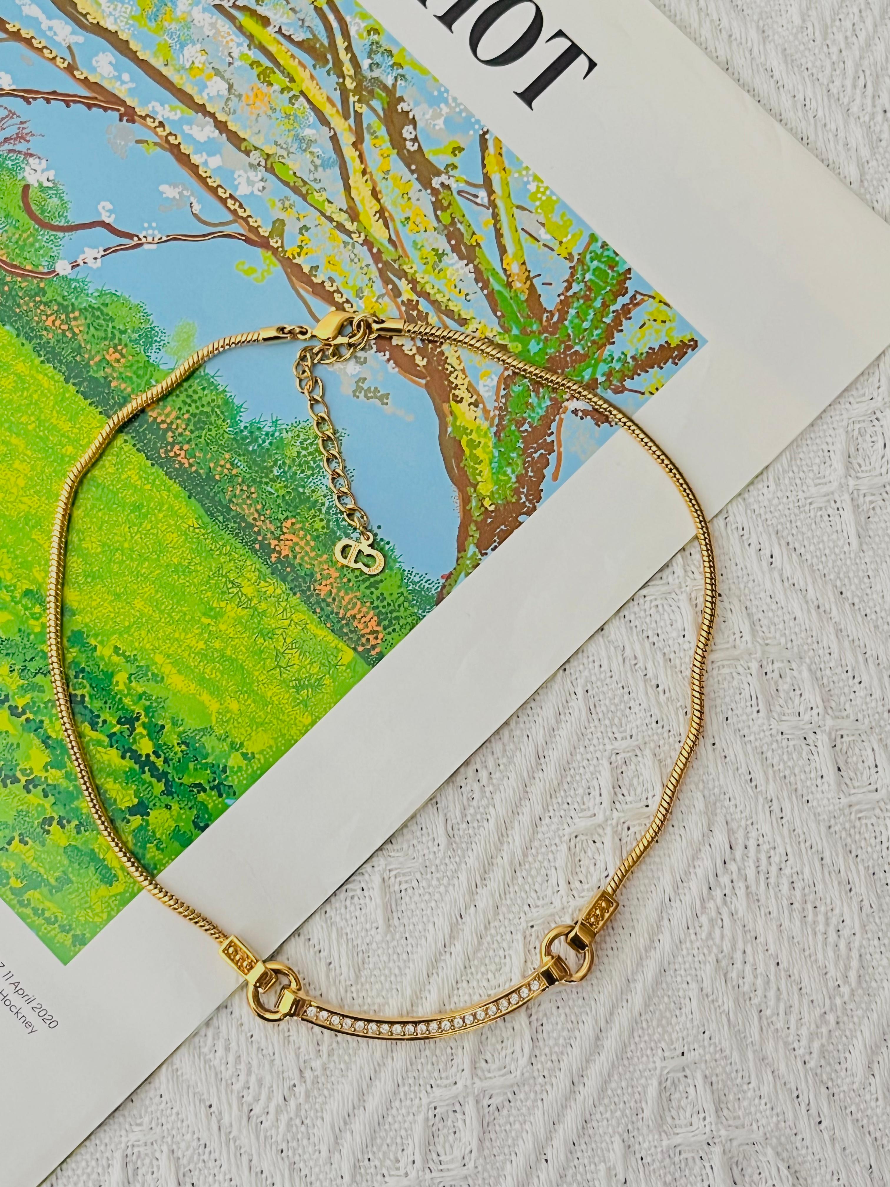 Art Deco Christian Dior Vintage 1980s Crescent Curved Bar Crystals Hoop Pendant Necklace For Sale
