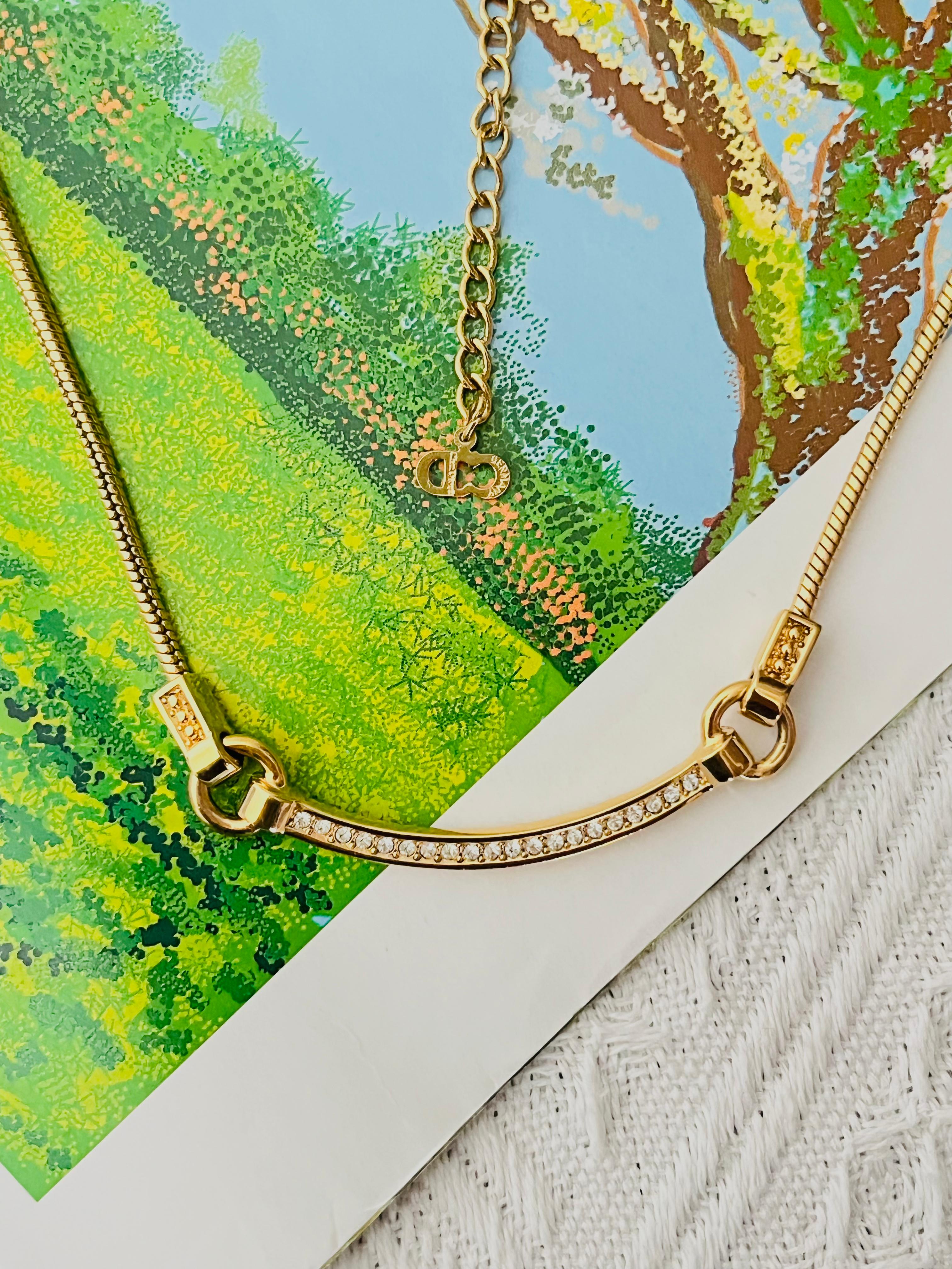 Christian Dior Vintage 1980s Crescent Curved Bar Crystals Hoop Pendant Necklace In Excellent Condition For Sale In Wokingham, England
