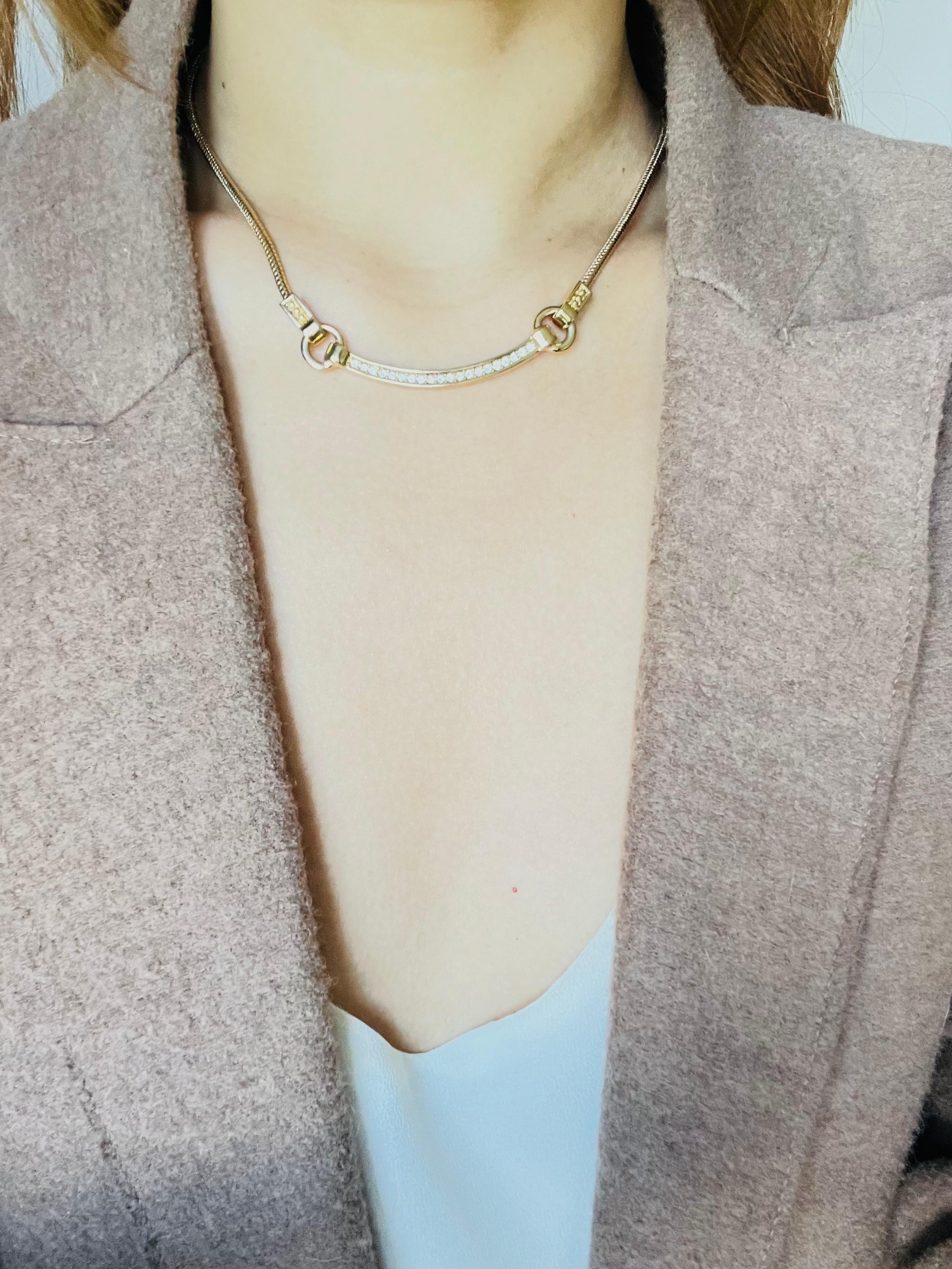 Women's or Men's Christian Dior Vintage 1980s Crescent Curved Bar Crystals Hoop Pendant Necklace For Sale