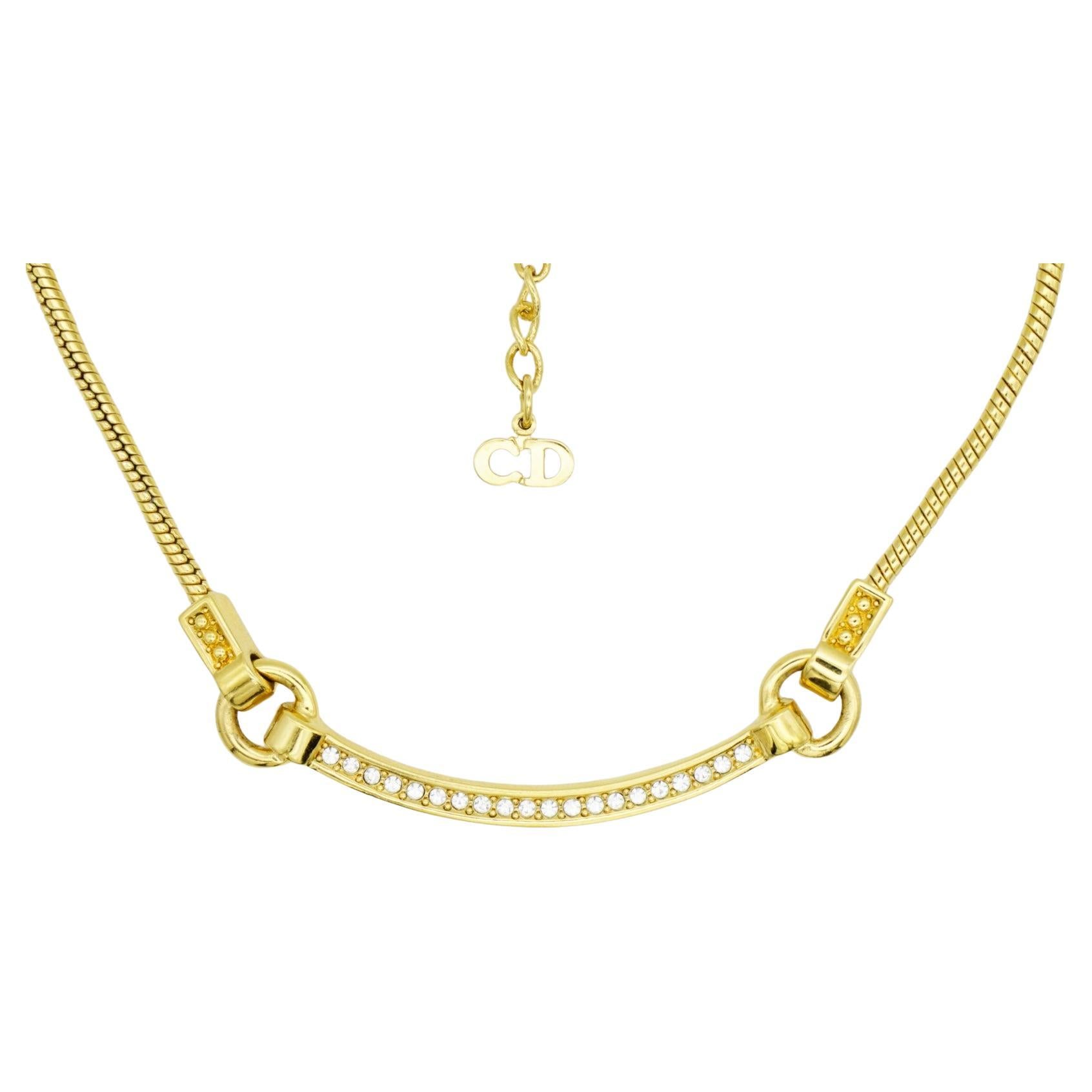 Christian Dior Vintage 1980s Crescent Curved Bar Crystals Hoop Pendant Necklace For Sale