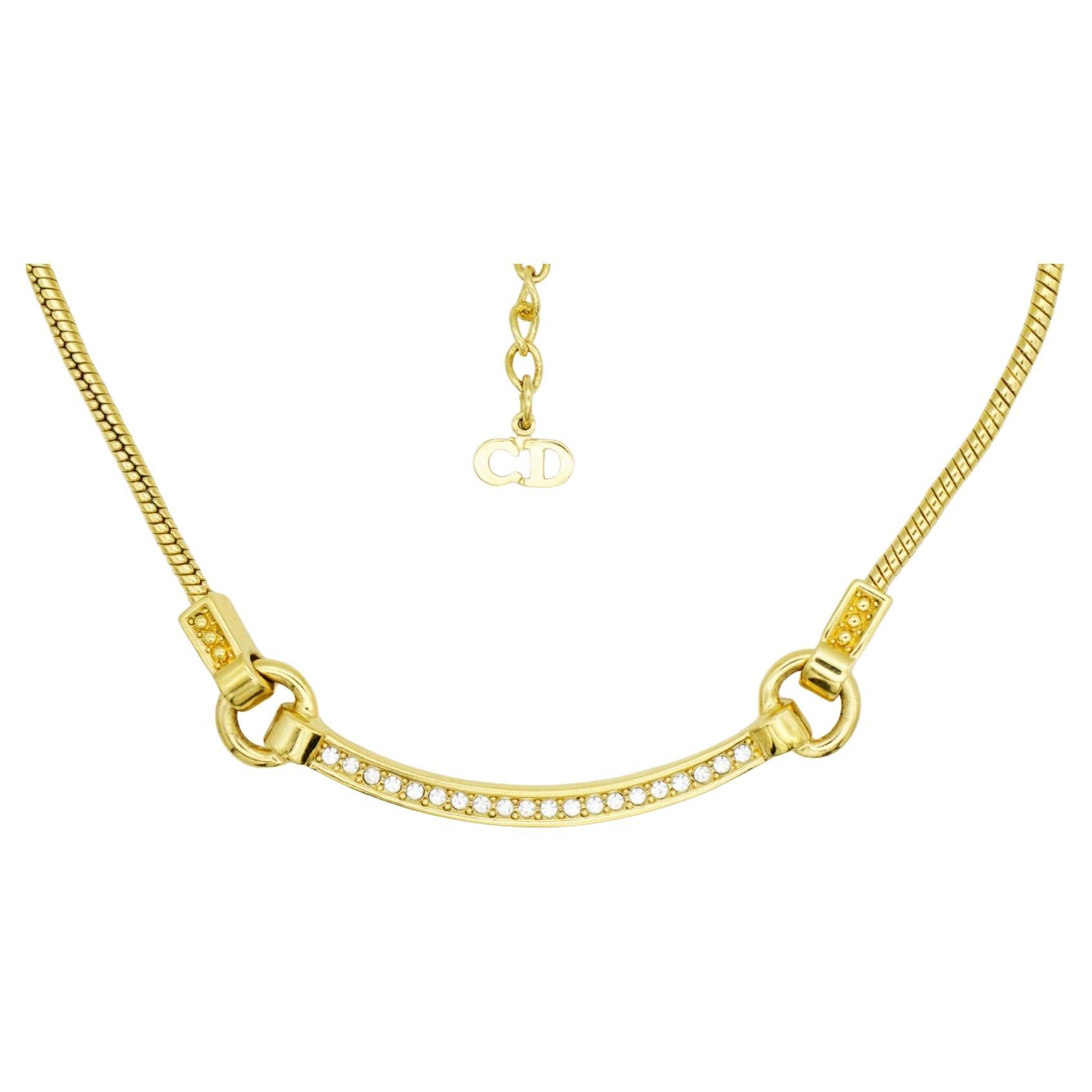 Christian Dior Vintage 1980s Crescent Curved Bar Crystals Hoop Pendant Necklace