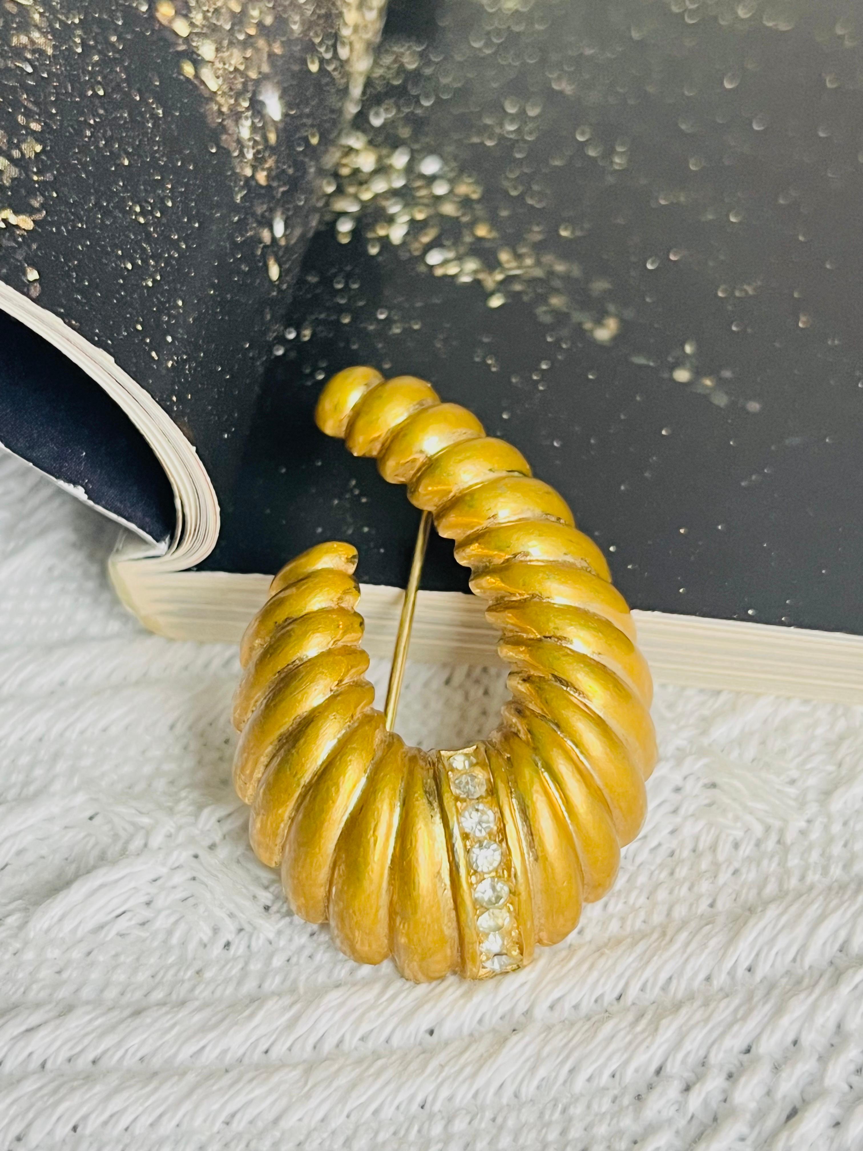 Art Deco Christian Dior Vintage 1980s Croissant Oval Horn Shell Swirl Crystals Brooch