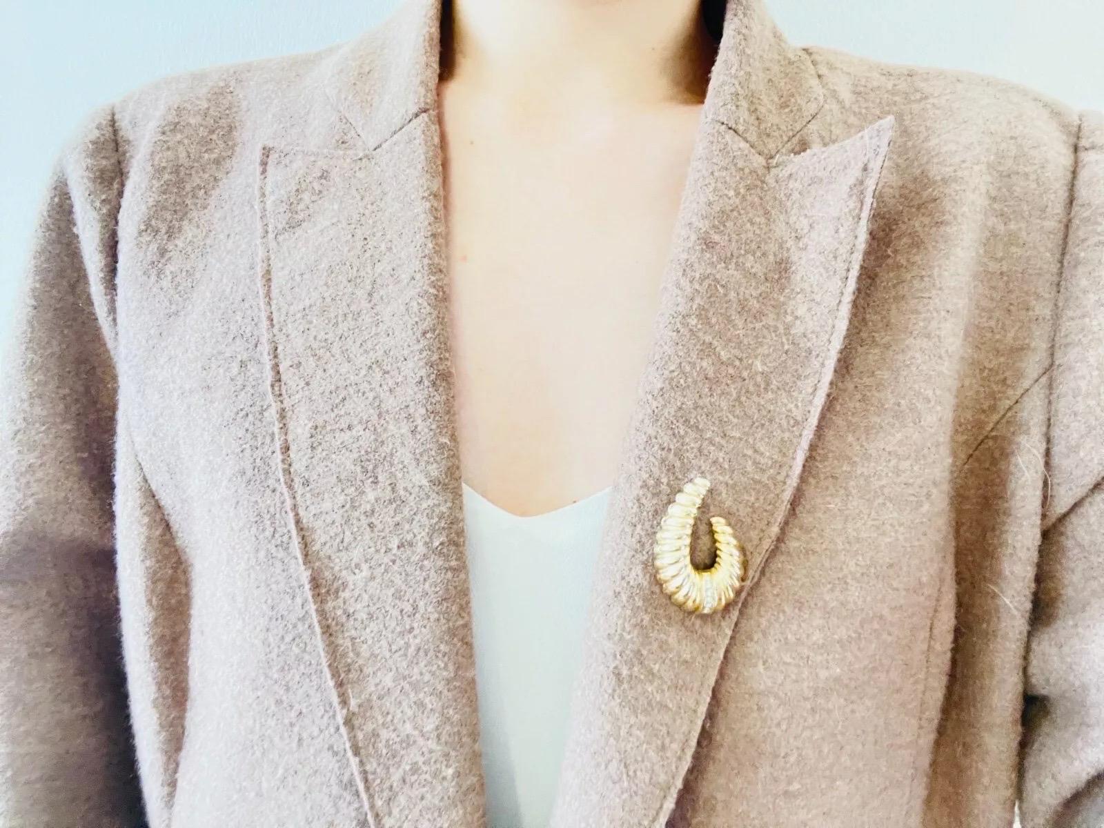 Christian Dior Vintage 1980s Croissant Oval Horn Shell Swirl Crystals Brooch 1