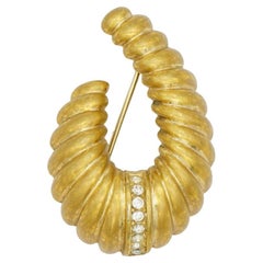 Christian Dior Vintage 1980s Croissant Oval Horn Shell Swirl Crystals Brooch