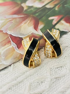 Christian Dior Vintage 1980s Cross Kiss X Crystals Black Curved Domed Earrings