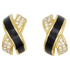 Christian Dior Vintage 1980s Cross Kiss X Crystals Black Curved Domed Earrings