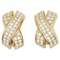 Christian Dior Vintage 1980s Cross Kiss X Crystals Curved Dome Clip Earrings