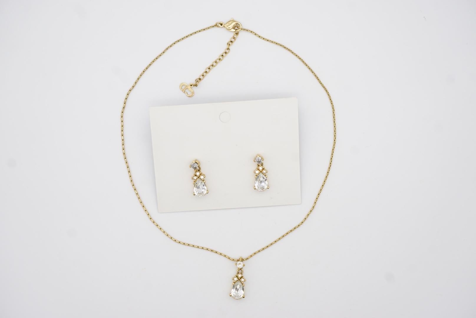 Christian Dior Vintage 1980s Crystal Water Tear Drop Set Gold Necklace Earrings For Sale 2