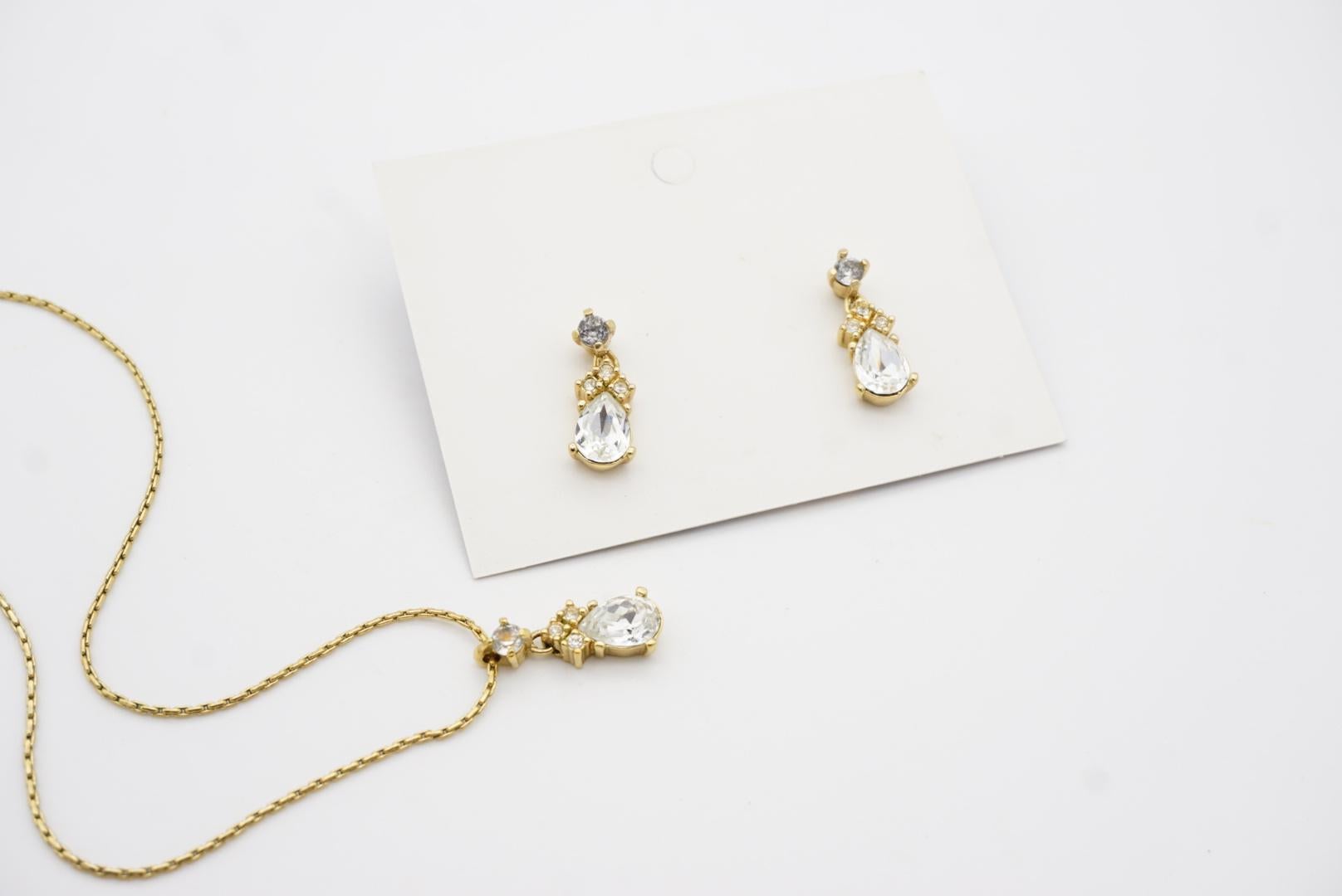 Christian Dior Vintage 1980s Crystal Water Tear Drop Set Gold Necklace Earrings For Sale 3