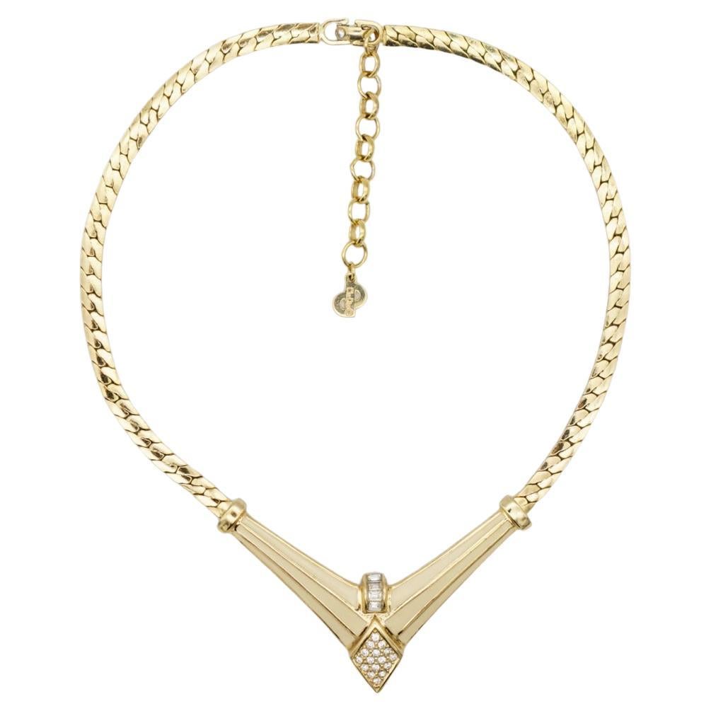Christian Dior Vintage 1980s Crystals Beige Triangle Diamond Pendant Necklace For Sale