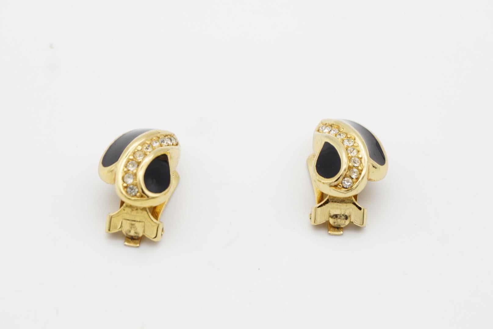 Christian Dior Vintage 1980s Crystals Black Enamel Leaf Fire Gold Clip Earrings For Sale 7