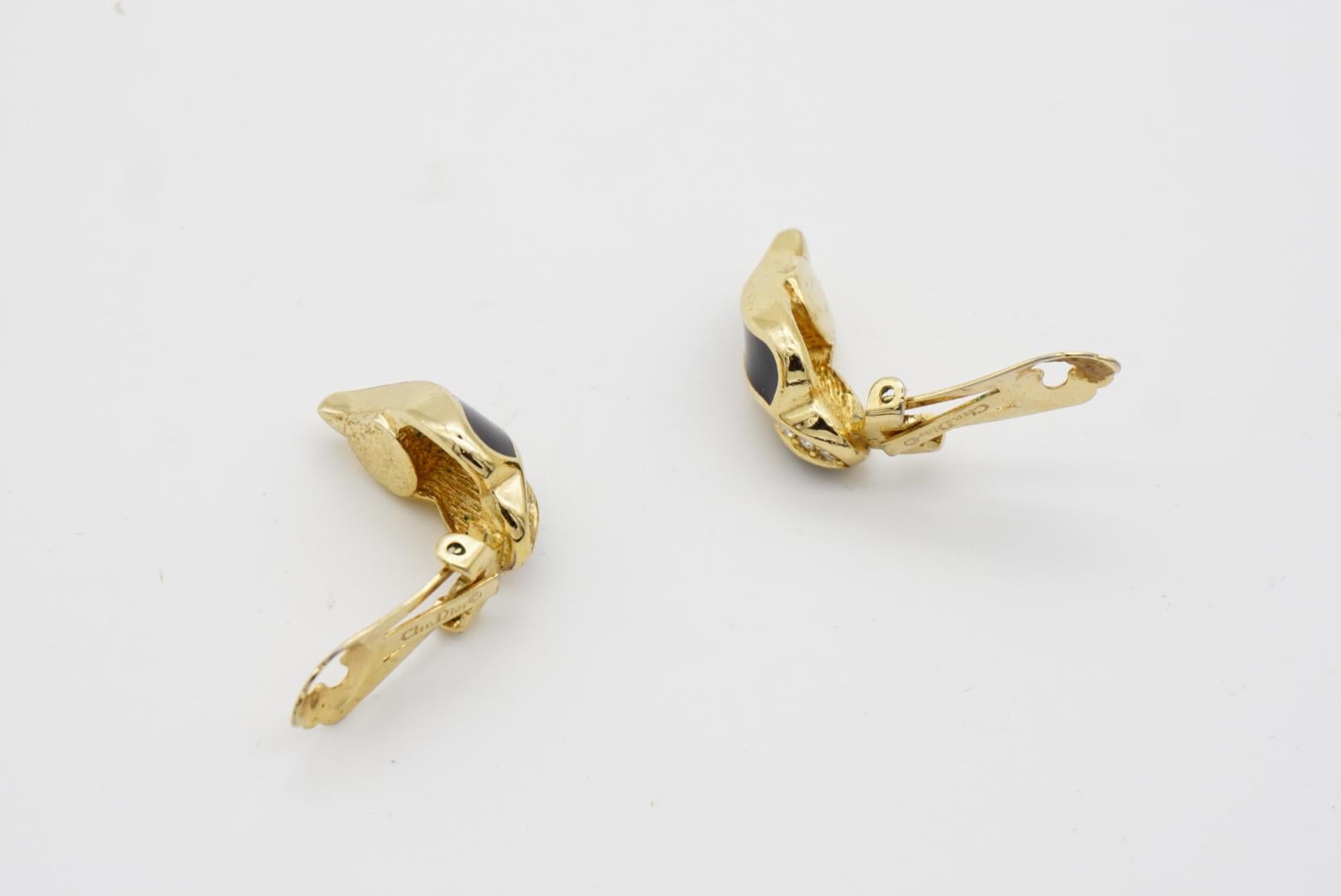 Christian Dior Vintage 1980s Crystals Black Enamel Leaf Fire Gold Clip Earrings For Sale 11