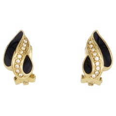 Christian Dior Vintage 1980s Crystals Black Enamel Leaf Fire Gold Clip Earrings