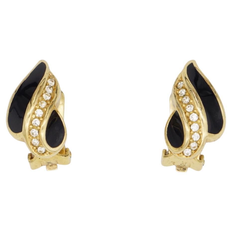 Christian Dior Vintage 1980s Crystals Black Enamel Leaf Fire Gold Clip Earrings For Sale